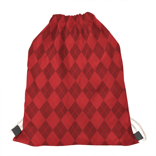 Red Argyle Pattern Print Drawstring Bag