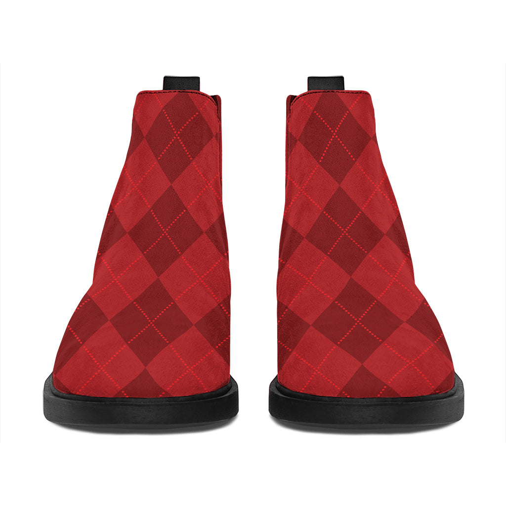 Red Argyle Pattern Print Flat Ankle Boots