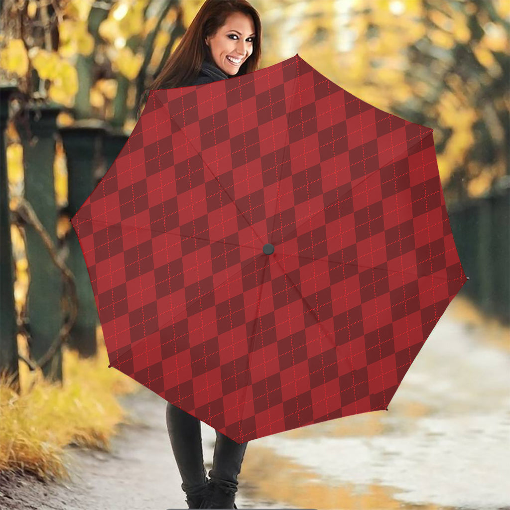 Red Argyle Pattern Print Foldable Umbrella