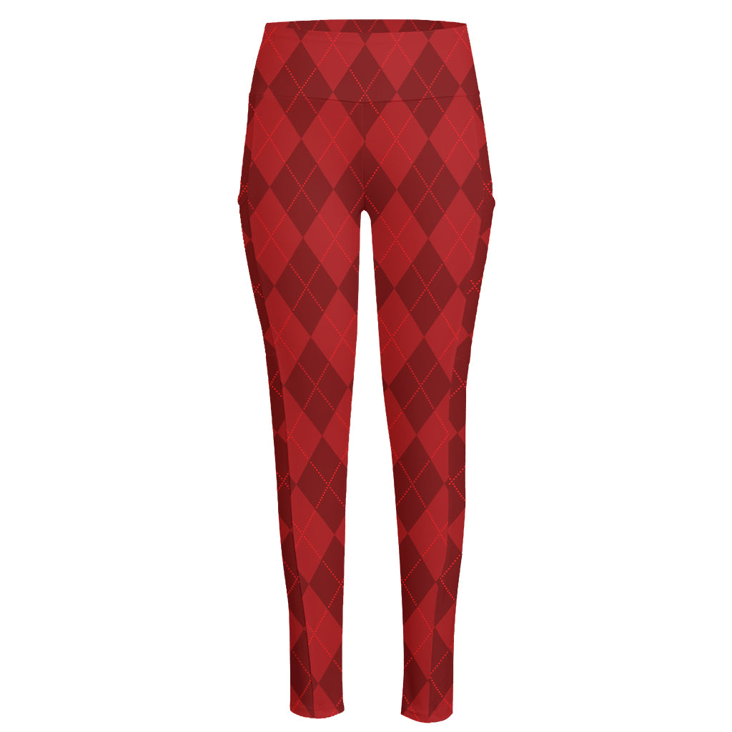 Red Argyle Pattern Print High-Waisted Pocket Leggings