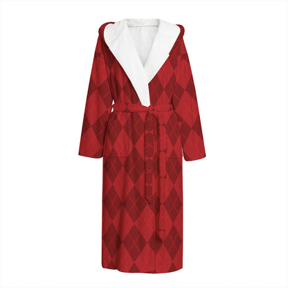 Red Argyle Pattern Print Hooded Bathrobe