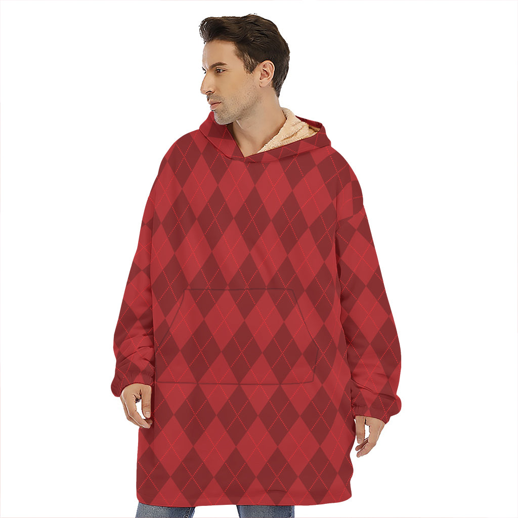 Red Argyle Pattern Print Hoodie Blanket