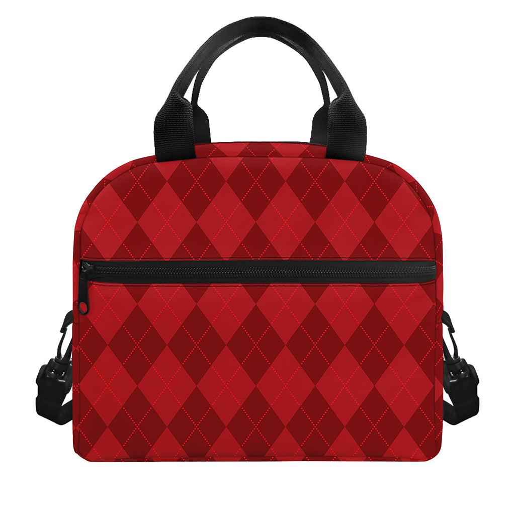 Red Argyle Pattern Print Insulated Lunch Bag