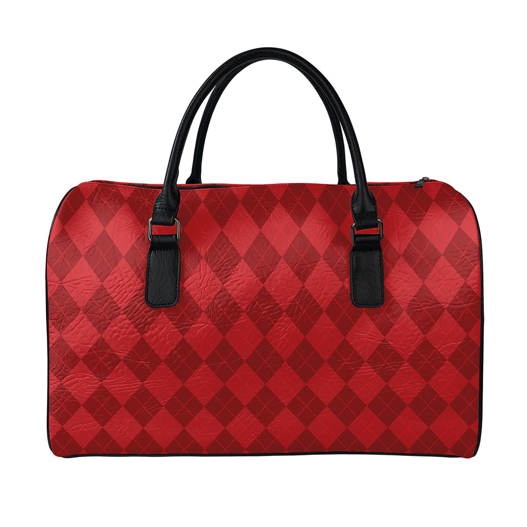 Red Argyle Pattern Print Leather Duffle Bag