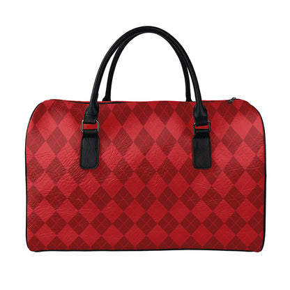 Red Argyle Pattern Print Leather Duffle Bag