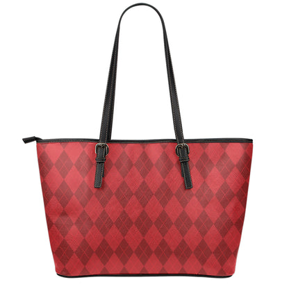 Red Argyle Pattern Print Leather Tote Bag