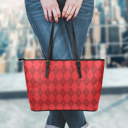 Red Argyle Pattern Print Leather Tote Bag
