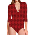 Red Argyle Pattern Print Long Sleeve Swimsuit