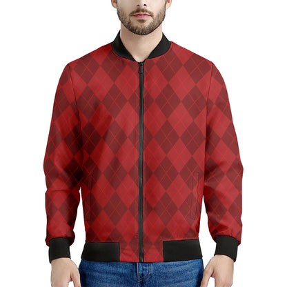 Red Argyle Pattern Print Men's Bomber Jacket
