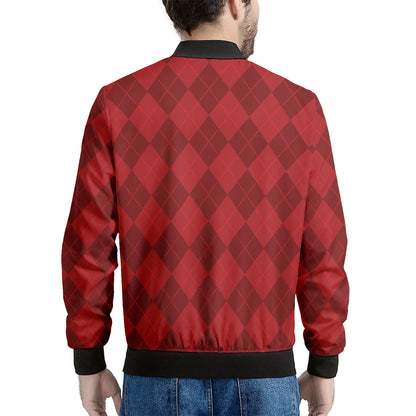 Red Argyle Pattern Print Men's Bomber Jacket