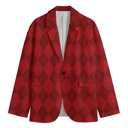 Red Argyle Pattern Print Men's Cotton Blazer