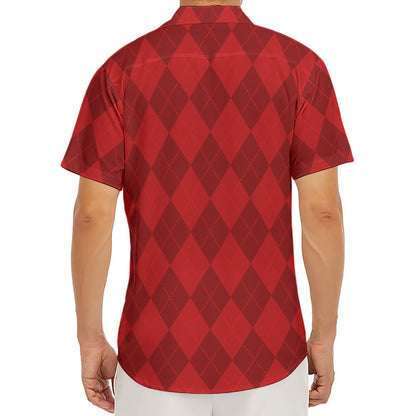 Red Argyle Pattern Print Men's Deep V-Neck Shirt