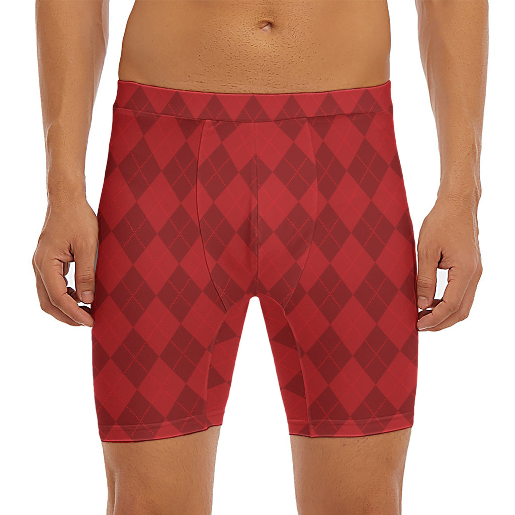 Red Argyle Pattern Print Men's Long Boxer Briefs