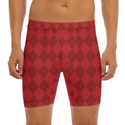 Red Argyle Pattern Print Men's Long Boxer Briefs