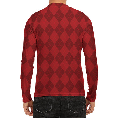 Red Argyle Pattern Print Men's Long Sleeve Rash Guard