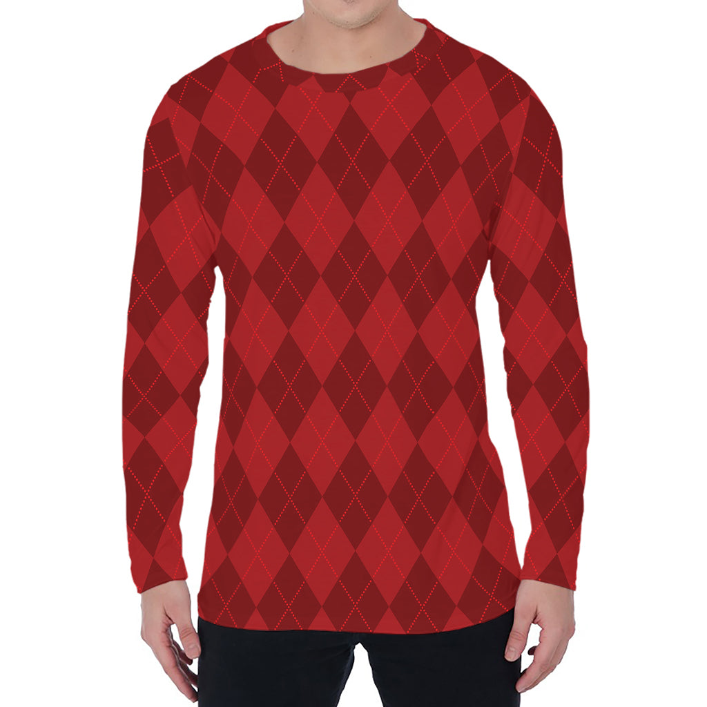 Red Argyle Pattern Print Men's Long Sleeve T-Shirt
