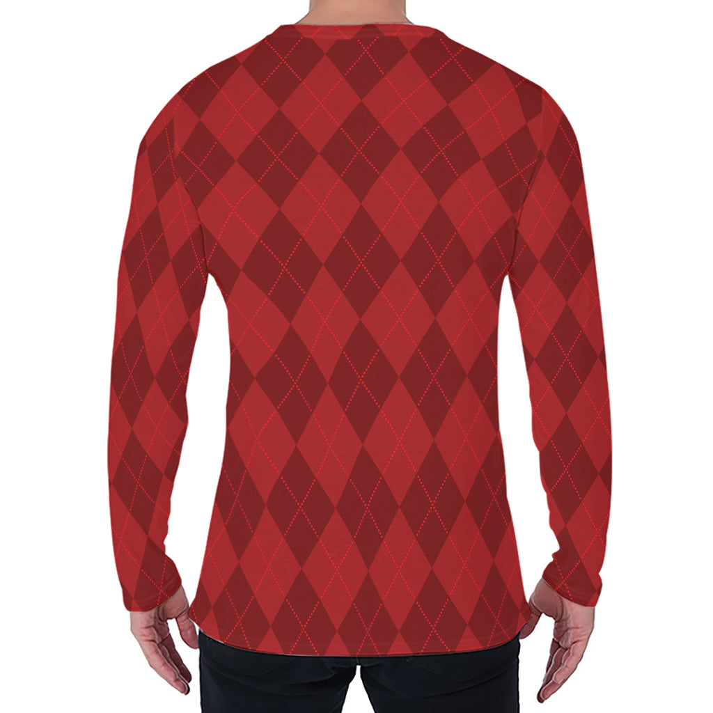 Red Argyle Pattern Print Men's Long Sleeve T-Shirt