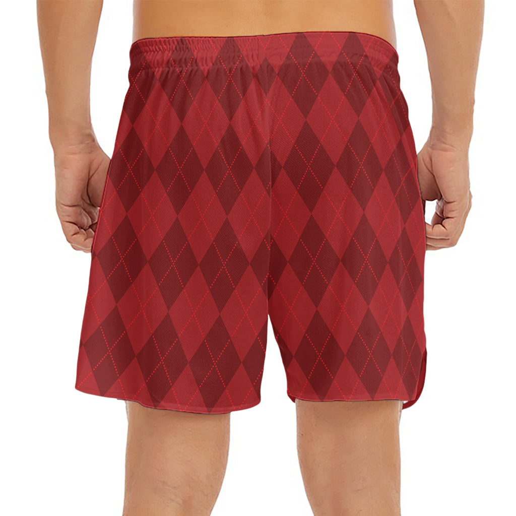 Red Argyle Pattern Print Men's Split Running Shorts