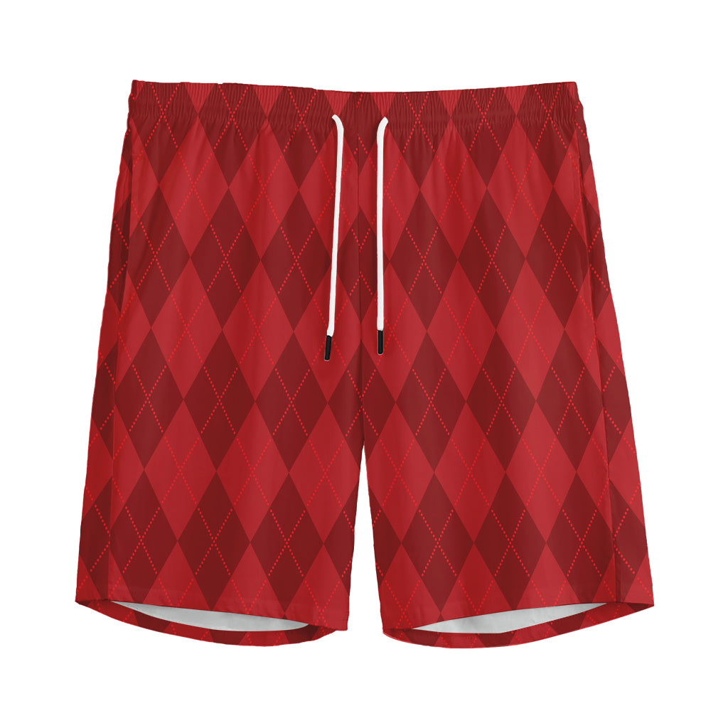 Red Argyle Pattern Print Men's Sports Shorts