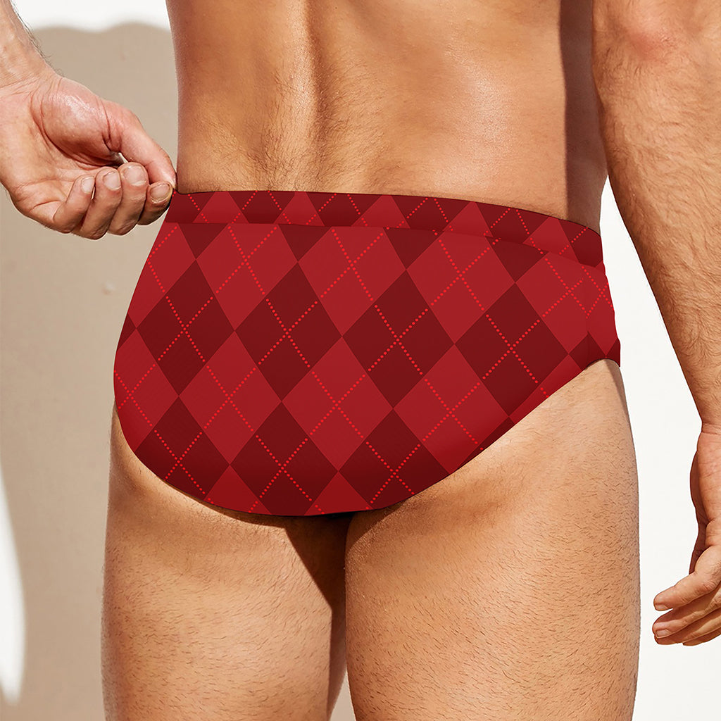 Red Argyle Pattern Print Men's Swim Briefs
