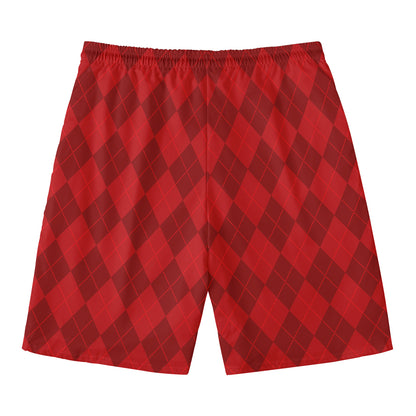 Red Argyle Pattern Print Men's Swim Trunks