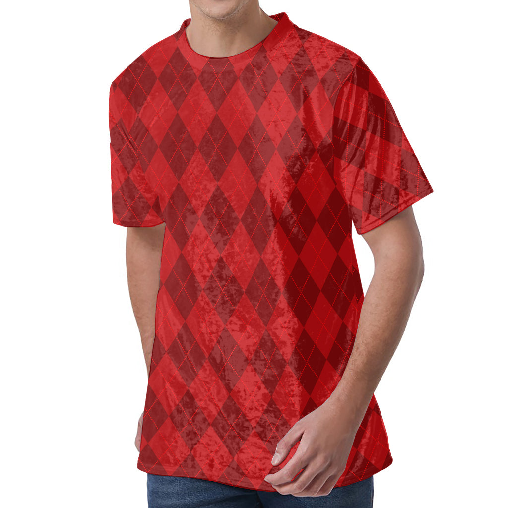 Red Argyle Pattern Print Men's Velvet T-Shirt