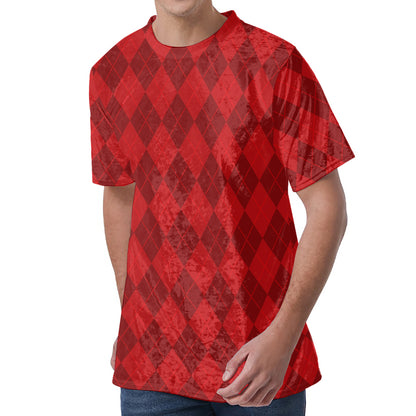 Red Argyle Pattern Print Men's Velvet T-Shirt