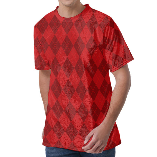 Red Argyle Pattern Print Men's Velvet T-Shirt