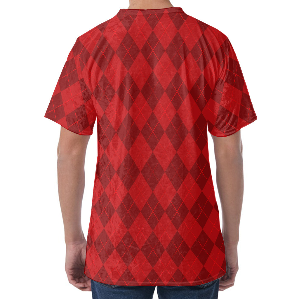 Red Argyle Pattern Print Men's Velvet T-Shirt