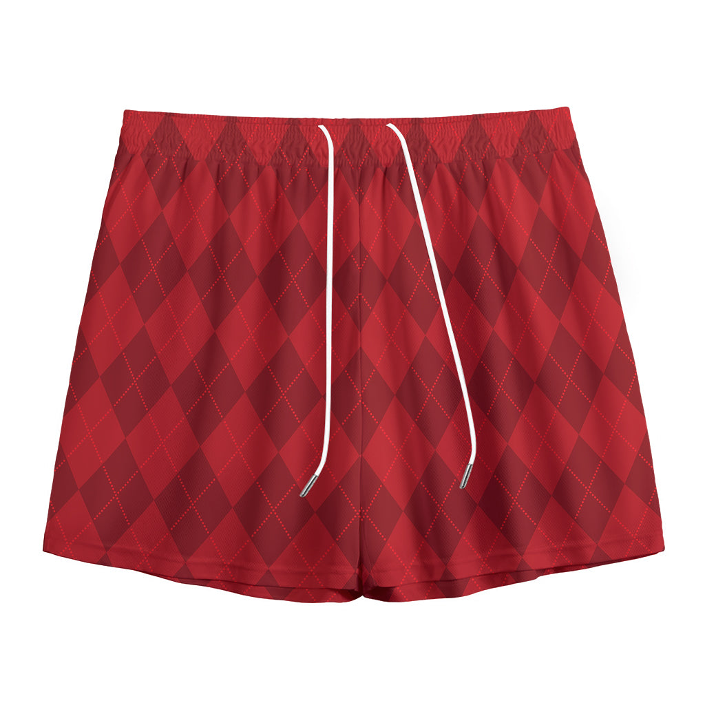 Red Argyle Pattern Print Mesh Shorts