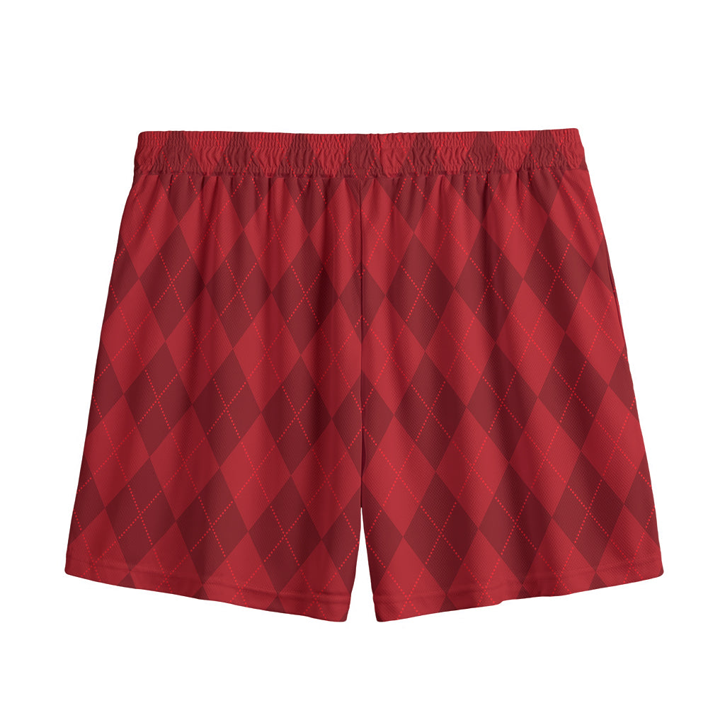 Red Argyle Pattern Print Mesh Shorts