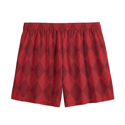 Red Argyle Pattern Print Mesh Shorts