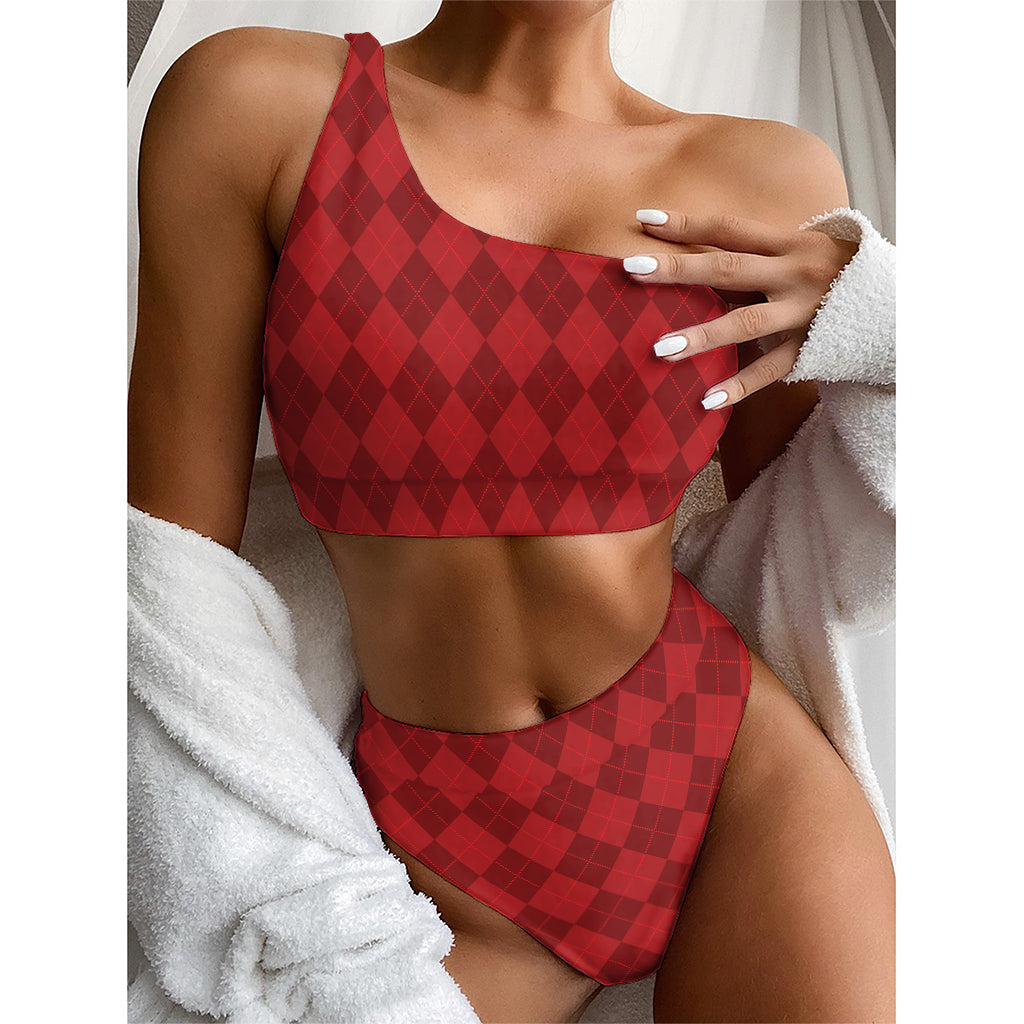 Red Argyle Pattern Print One Shoulder Bikini Top