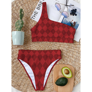 Red Argyle Pattern Print One Shoulder Bikini Top