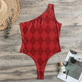 Red Argyle Pattern Print One Shoulder Bodysuit