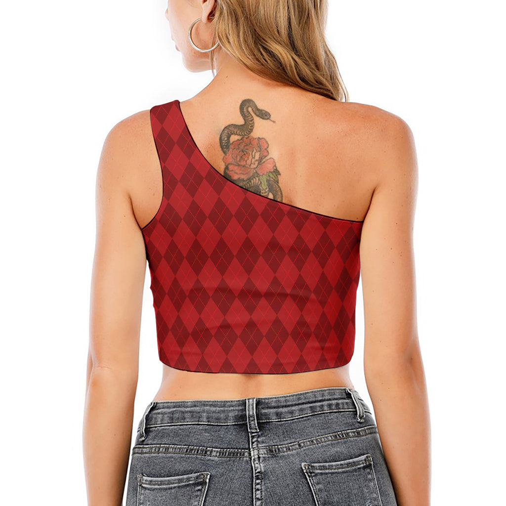 Red Argyle Pattern Print One Shoulder Crop Top
