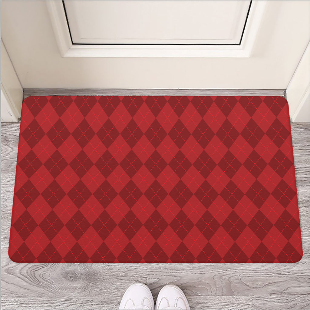 Red Argyle Pattern Print Rubber Doormat