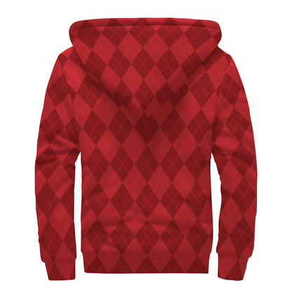 Red Argyle Pattern Print Sherpa Lined Zip Up Hoodie