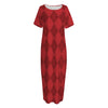 Red Argyle Pattern Print Short Sleeve Long Nightdress