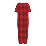 Red Argyle Pattern Print Short Sleeve Long Nightdress