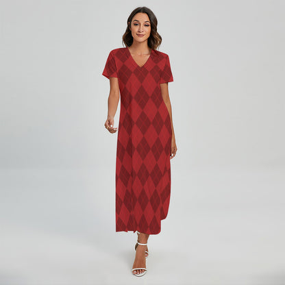 Red Argyle Pattern Print Short Sleeve Maxi Dress