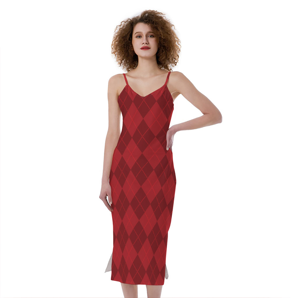 Red Argyle Pattern Print Slim Fit Midi Cami Dress
