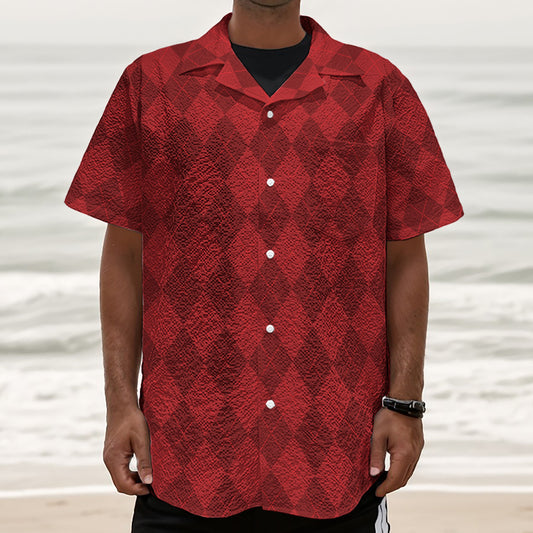 Red Argyle Pattern Print Textured Short Sleeve Shirt