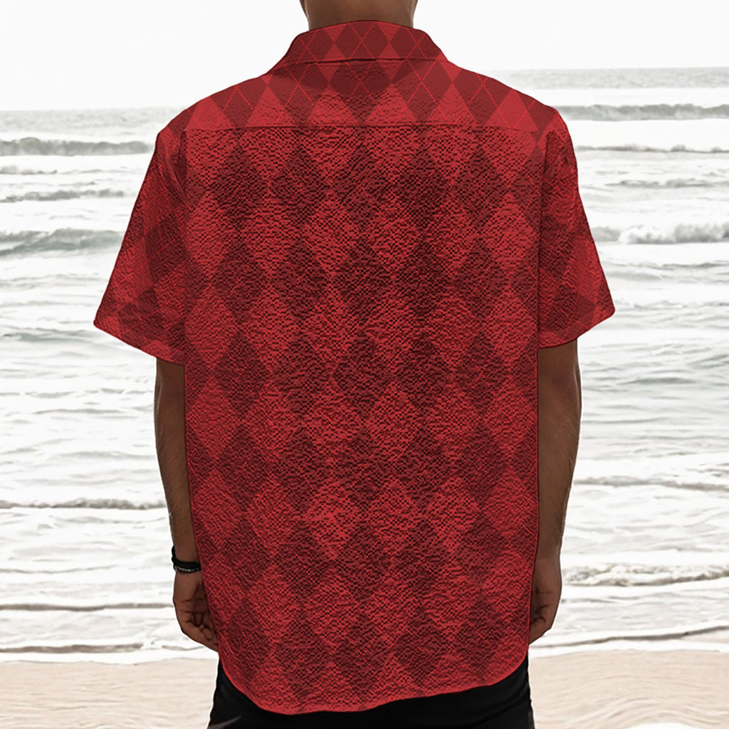 Red Argyle Pattern Print Textured Short Sleeve Shirt