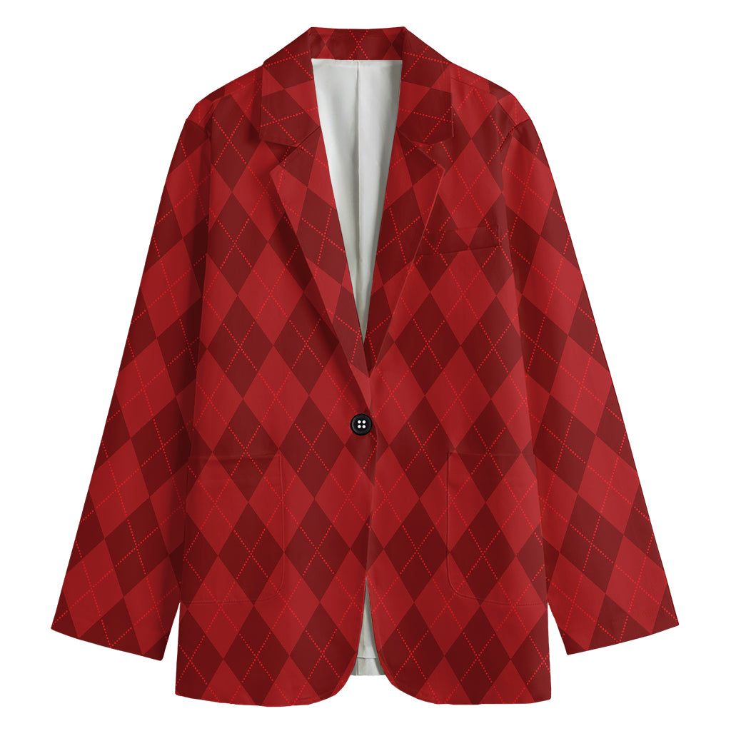 Red Argyle Pattern Print Women's Cotton Blazer