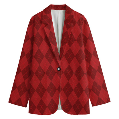 Red Argyle Pattern Print Women's Cotton Blazer
