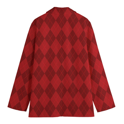 Red Argyle Pattern Print Women's Cotton Blazer