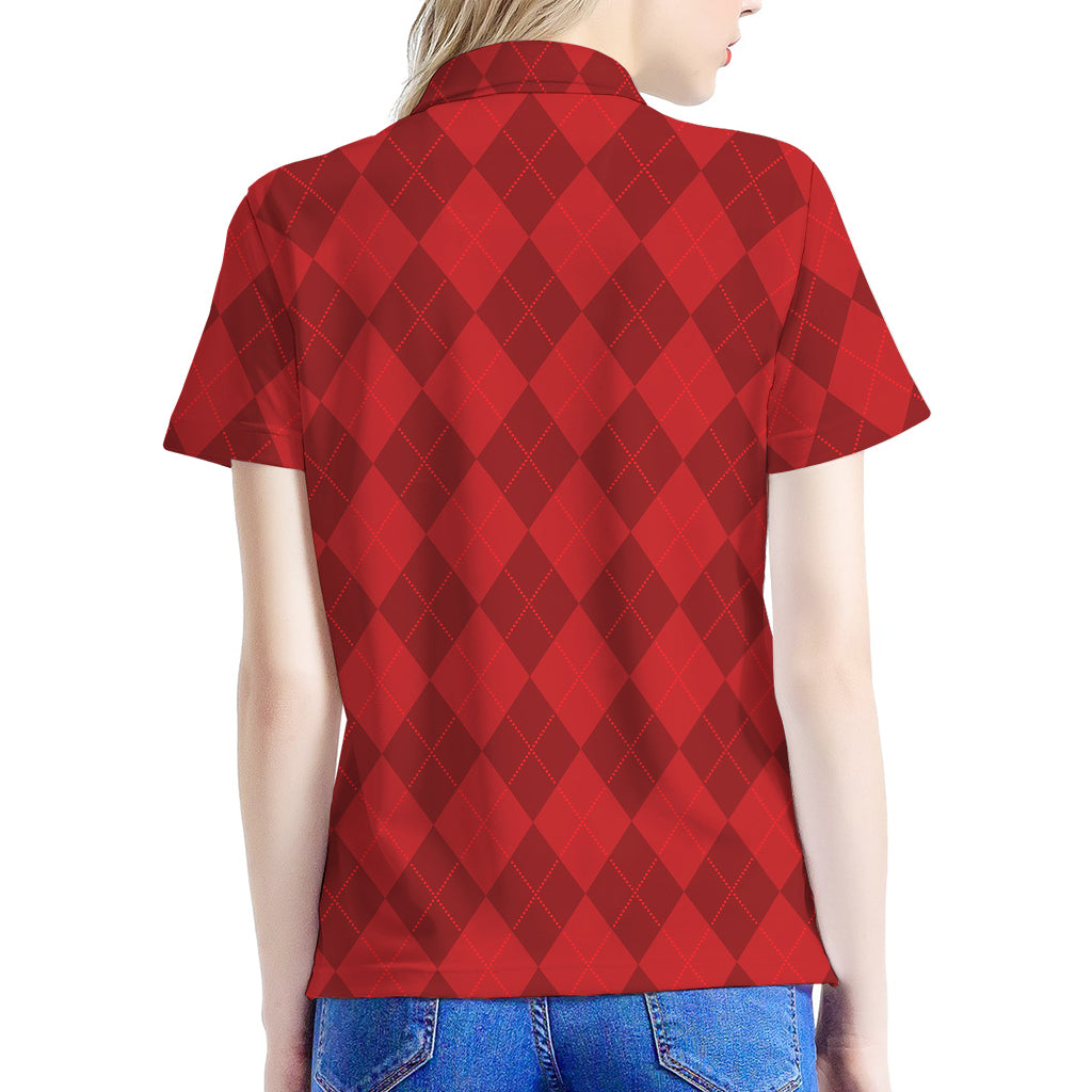 Red Argyle Pattern Print Women's Polo Shirt