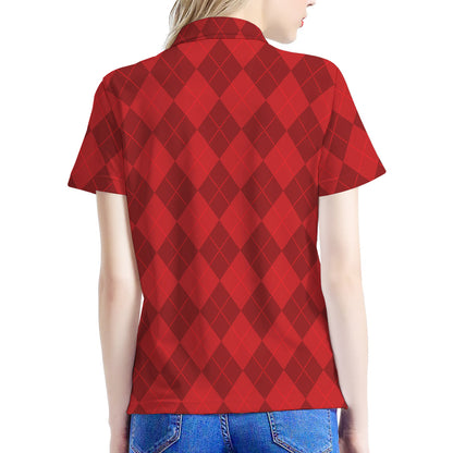 Red Argyle Pattern Print Women's Polo Shirt