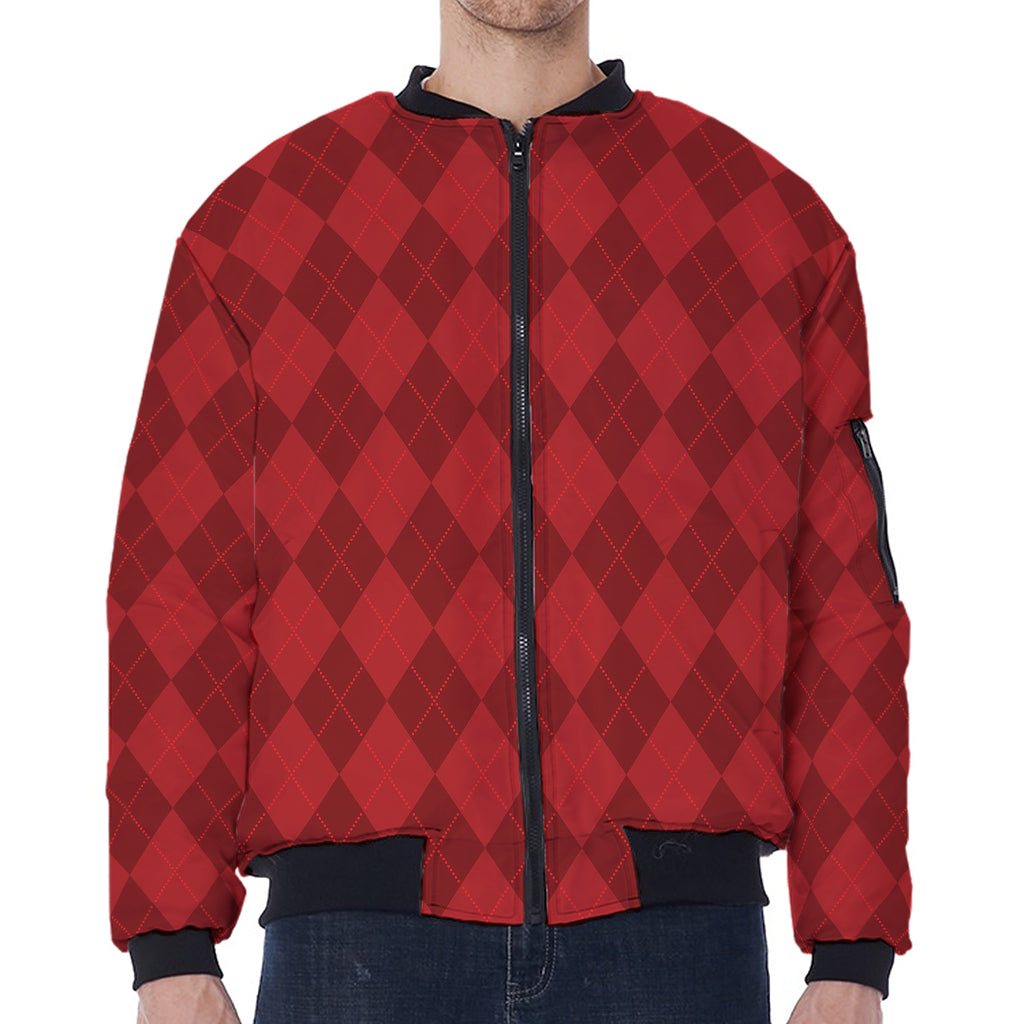 Red Argyle Pattern Print Zip Sleeve Bomber Jacket